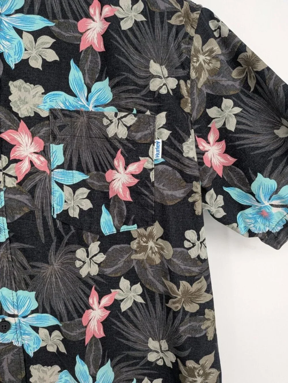 Hurley Floral Hawaiian Button Up Shirt Tropical Stretch Skater Surf Y2K‎ Large